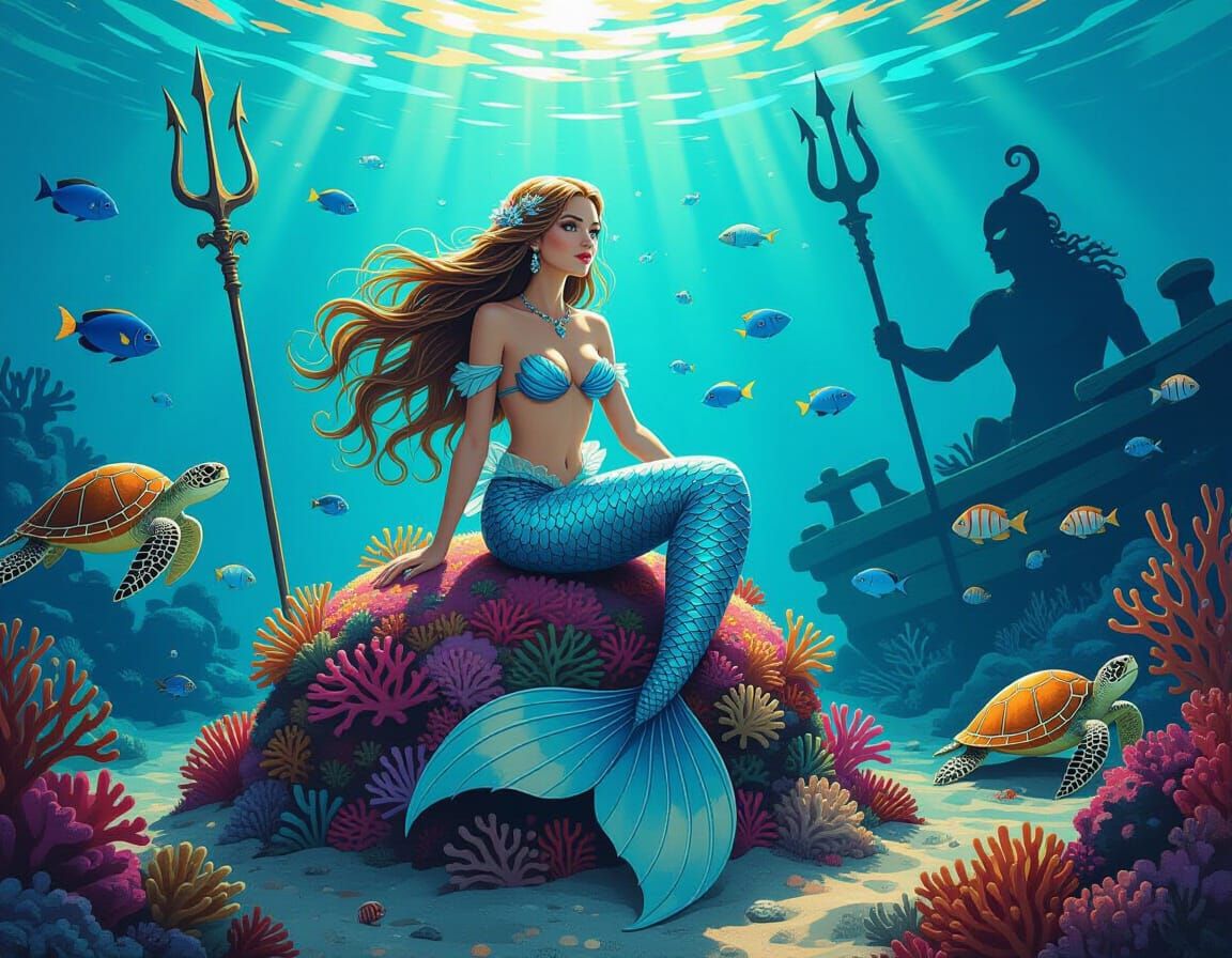 Mermaid in Coral Reef Scene