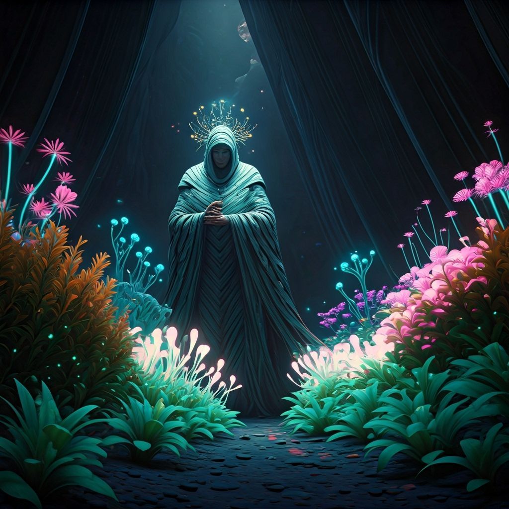 Celestial Gardener Tending Bioluminescent Garden, Digital Ar...