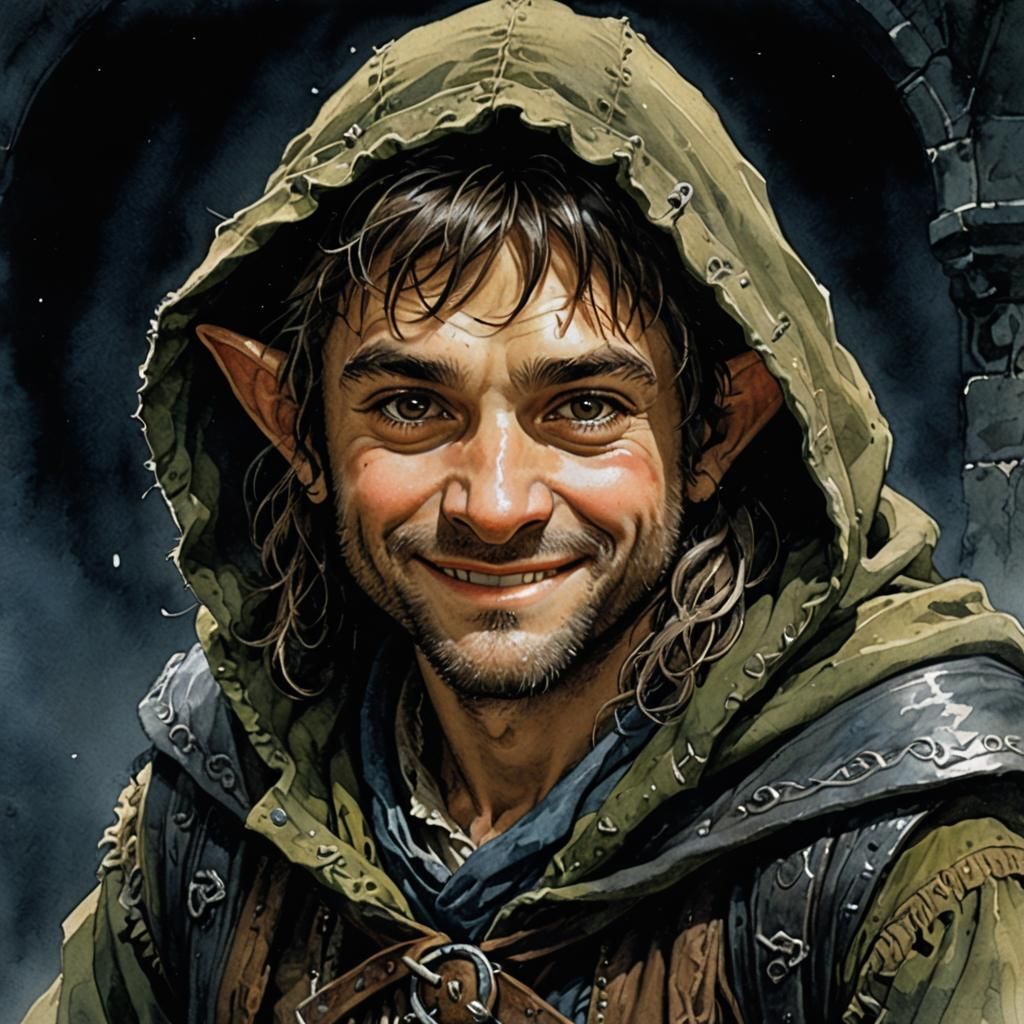 Halfling Smuggler Portrait in Grimdark Watercolor Style
