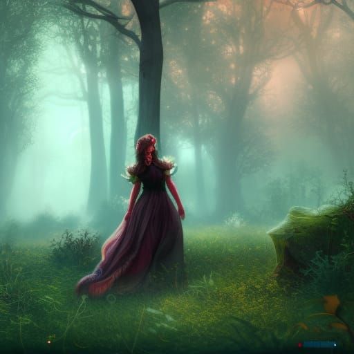 Wolf Girl in Dark Enchanted Forest: Detailed Matte Painting