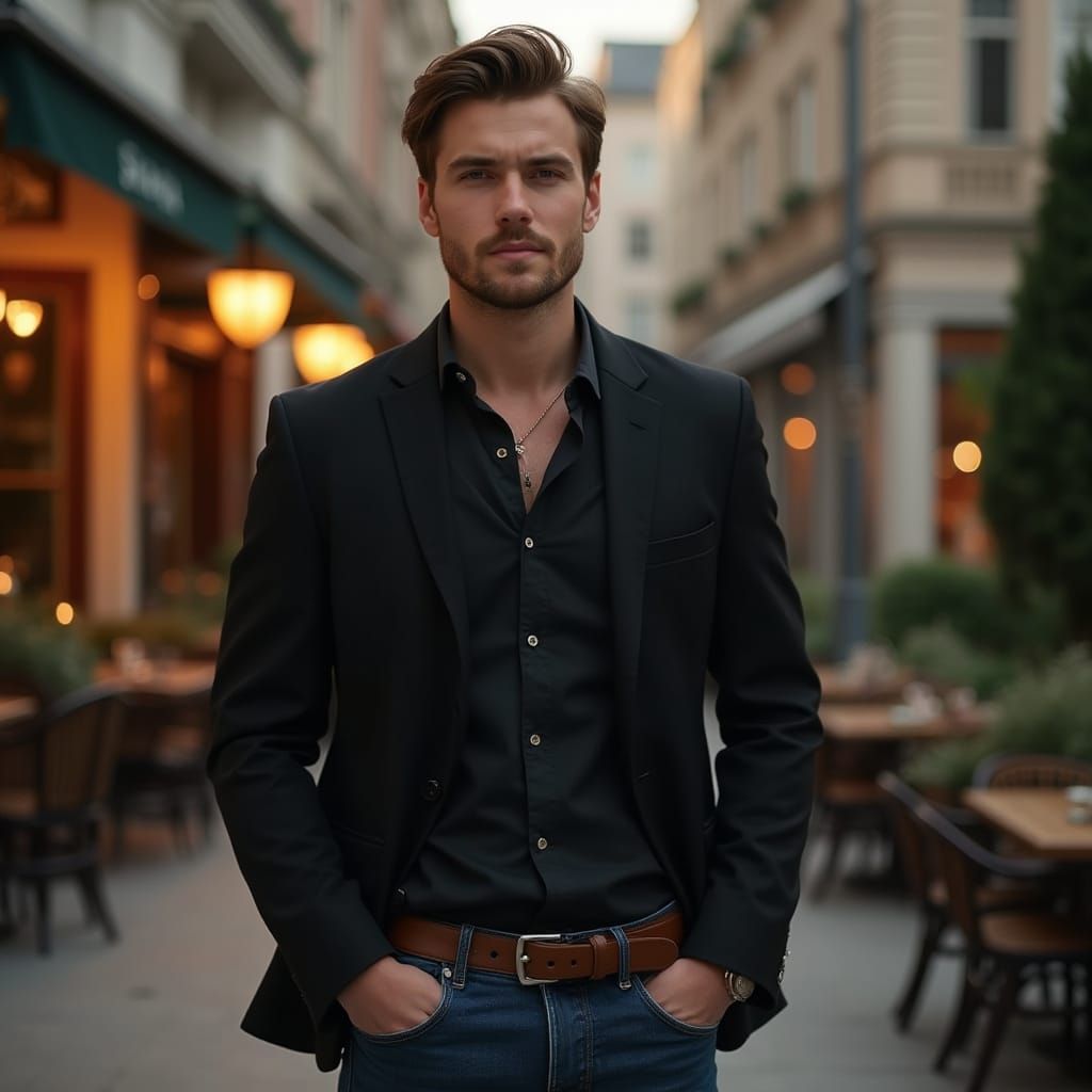 Man in Blazer at Park Near Restaurant at Dusk