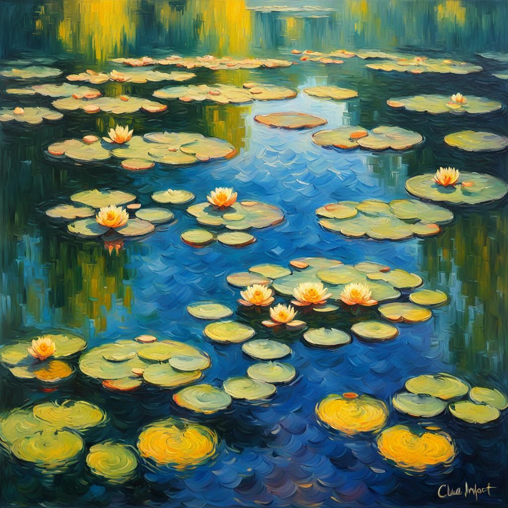 Impressionist Masterpiece of Water Lilies in Vibrant Oil
