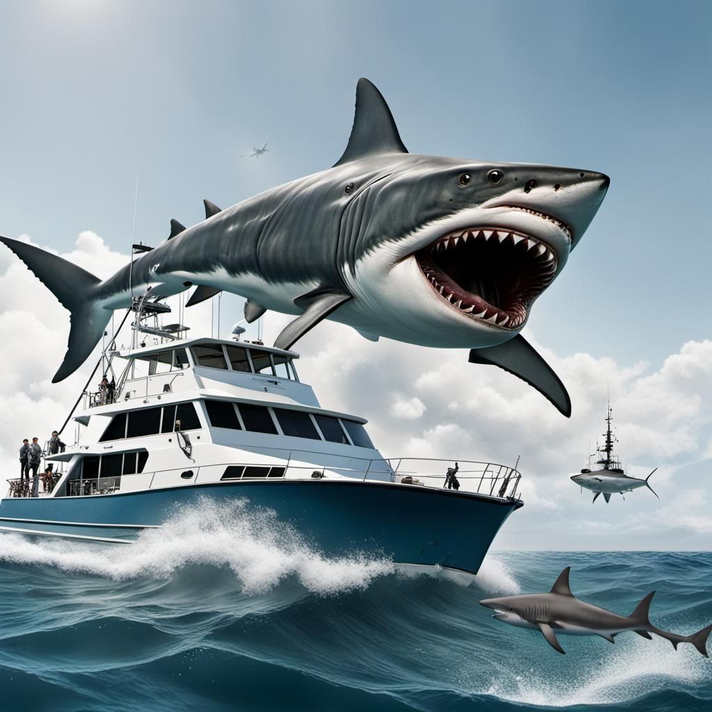Mega insanely realistic large fishing boat and shark attache...