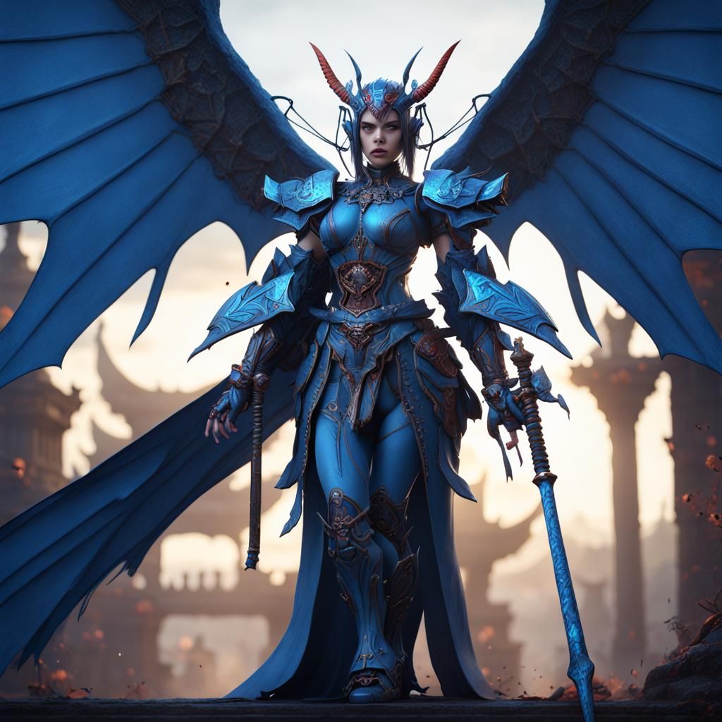Blue Robot Vampire Samurai Queen: Detailed Fantasy Art