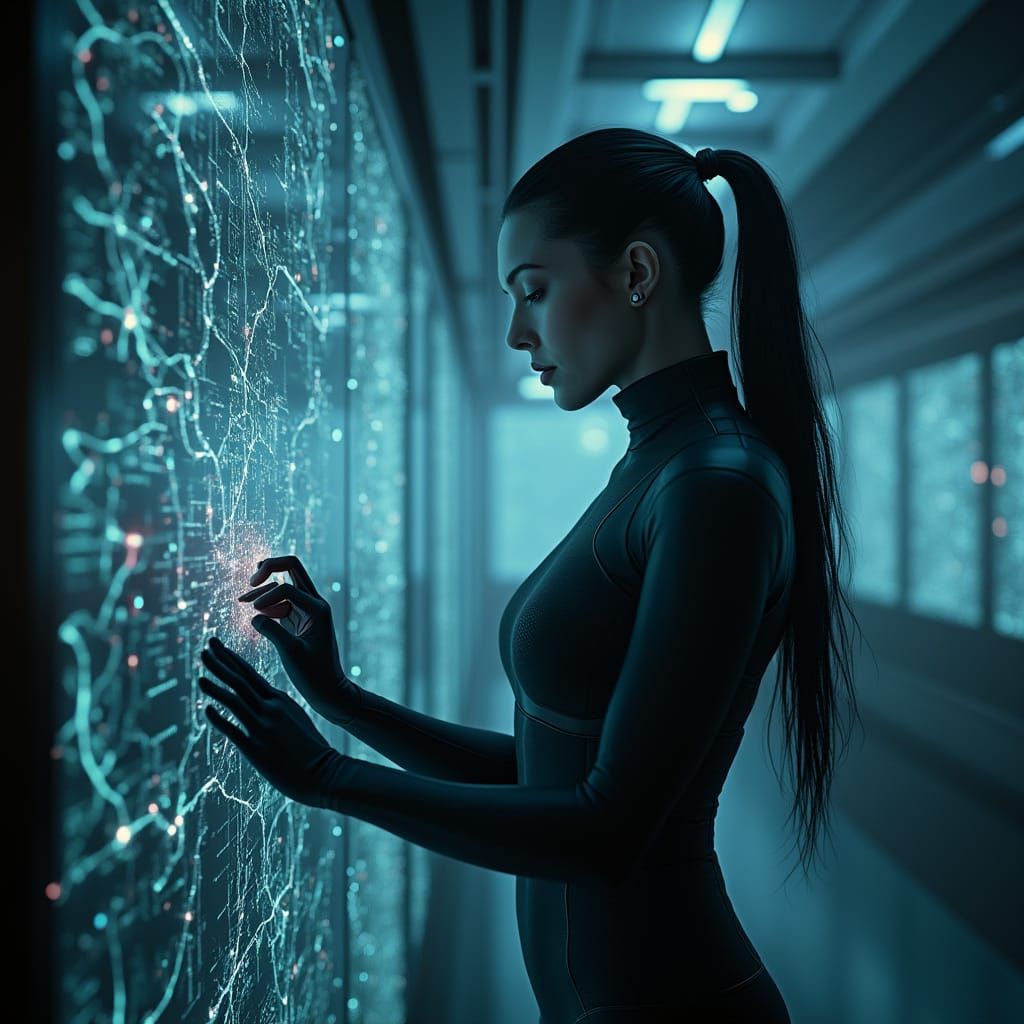 Cybernetic Laboratory in Darkness, Shimmering with Biolumine...