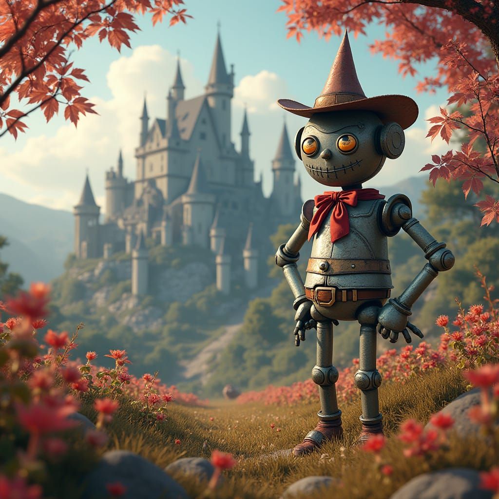 Heroic Tin Woodman in a Whimsical Fantasy Landscape