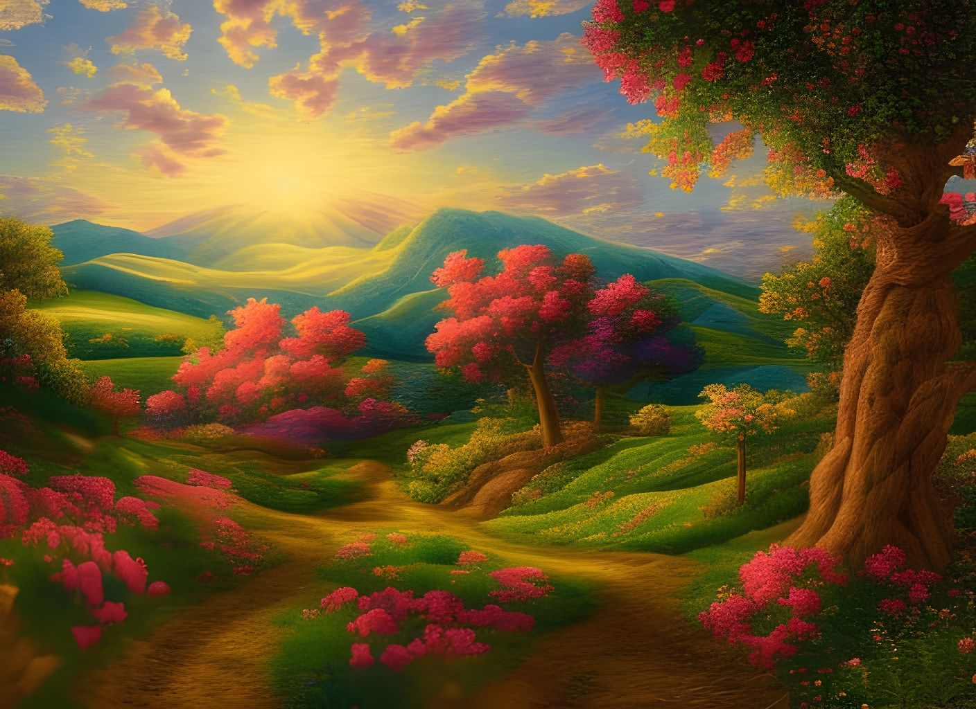 Quilted Patchwork Landscape at Sunset