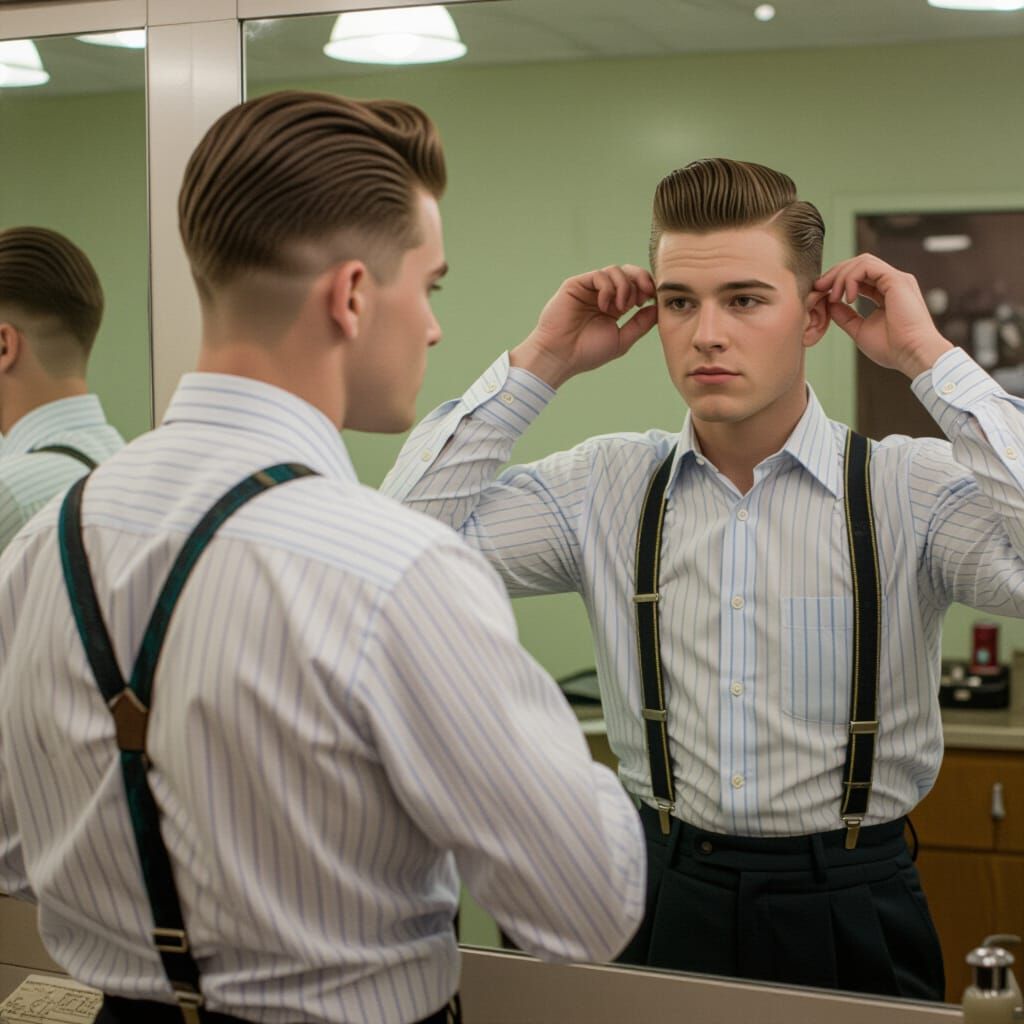 1950s Man Styling Hair in Mirror