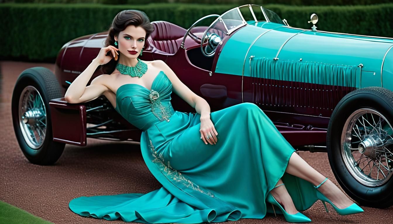 Brunette in Emerald Gown with Vintage Car, Art Deco Style