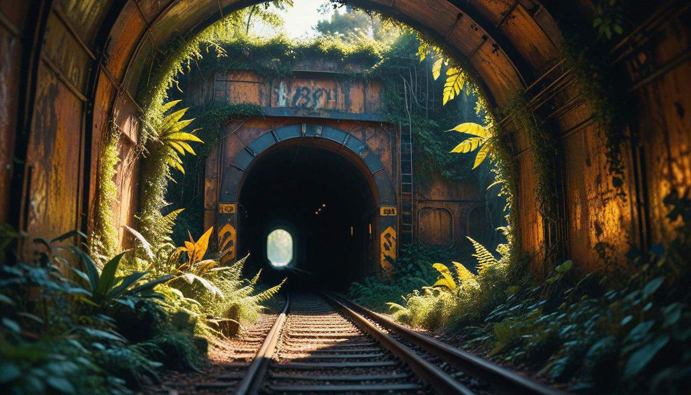 Surrealist Train in Twisted Tunnel: A Cinematic Masterpiece