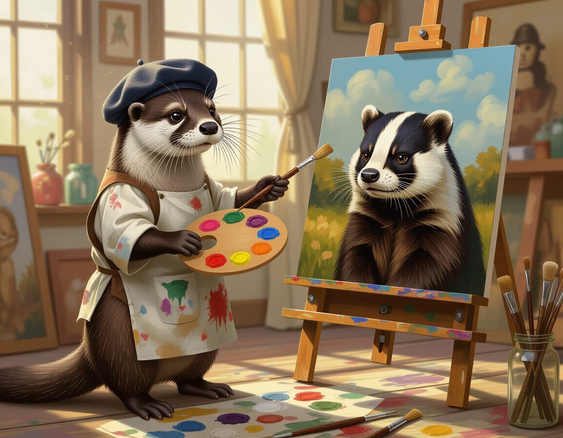 Otter as Renaissance Painter in Classic Illustration Style