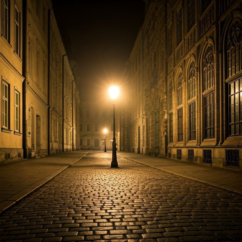 Misty Dark Street Scene with Antique Lamppost