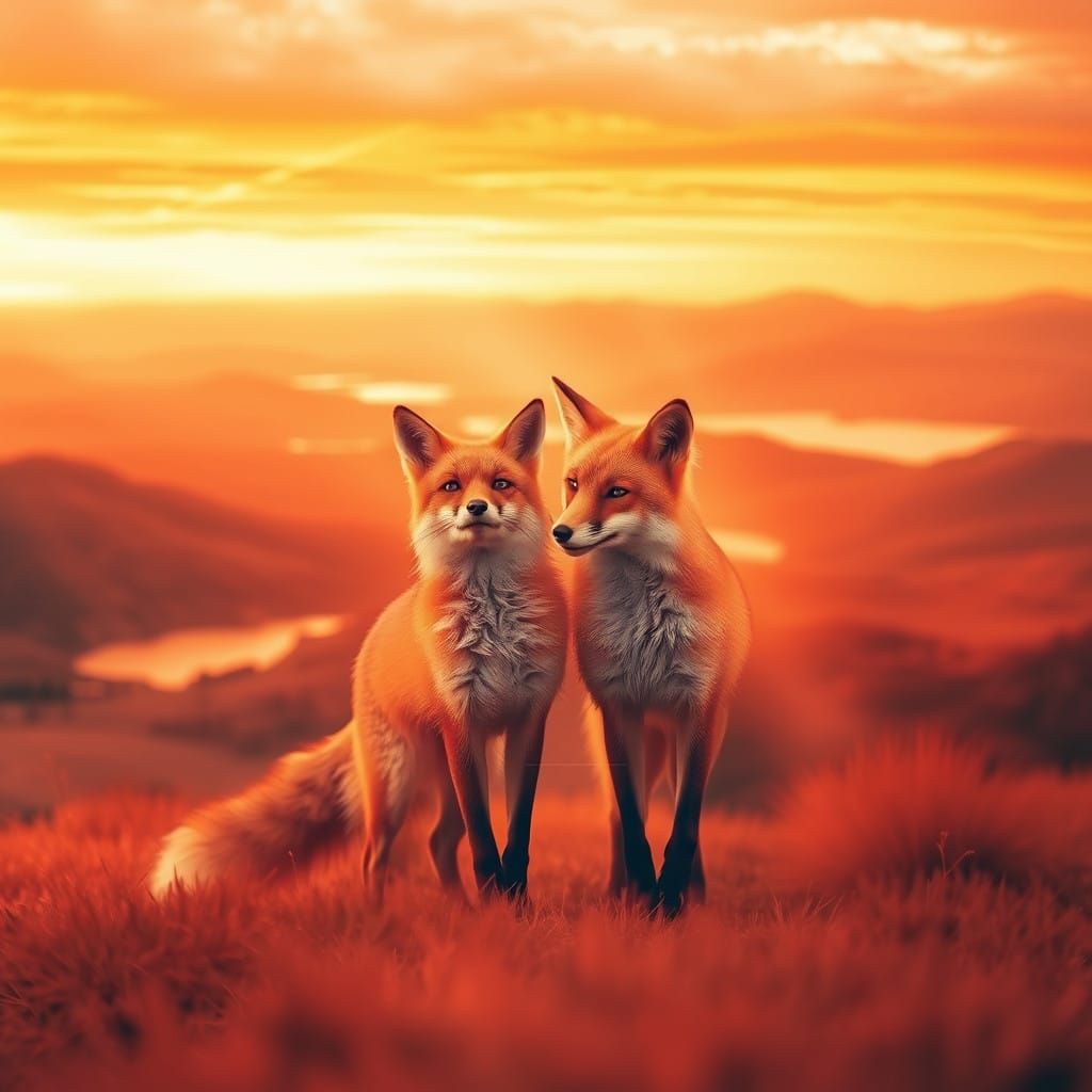 Vibrant Orange Landscape with Whimsical Foxes in a Dreamy Ae...