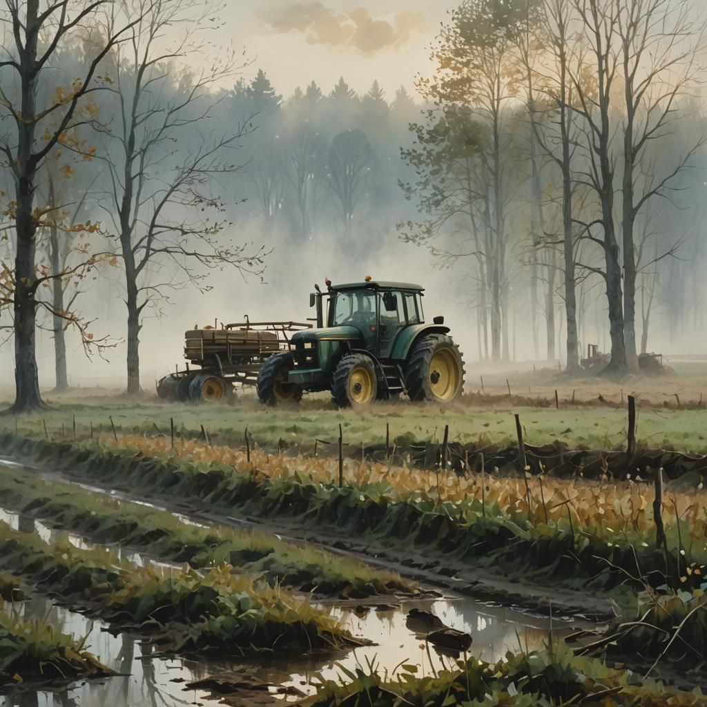 Tractor in Foggy Fields: Watercolor Landscape