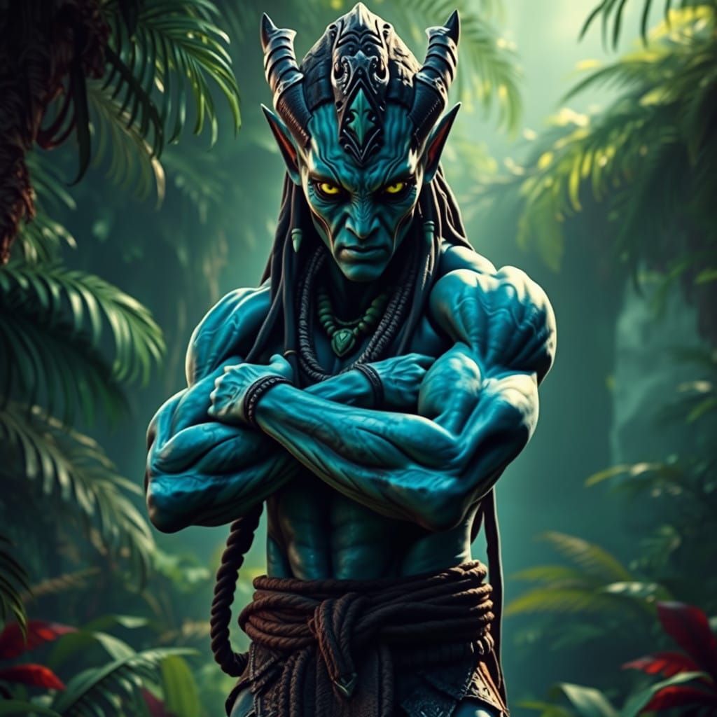 Majestic Na'vi Warrior in Defensive Stance, Cyberpunk Fantas...