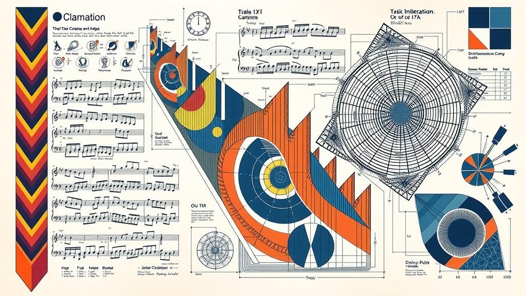 Intricate Sheet Music with Geometric Wireframe Diagrams