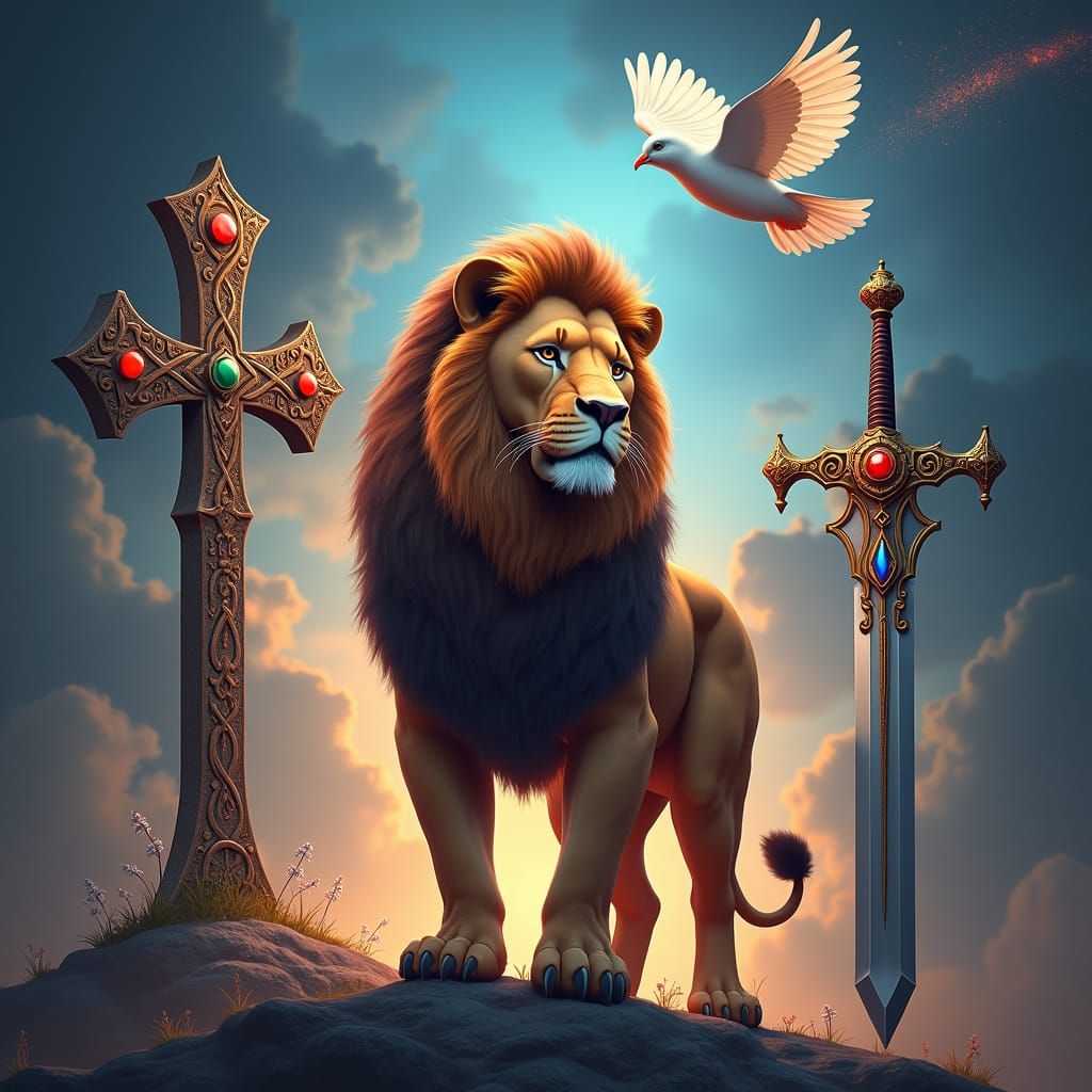 Majestic Lion in Mystical Scene with Celtic Motifs