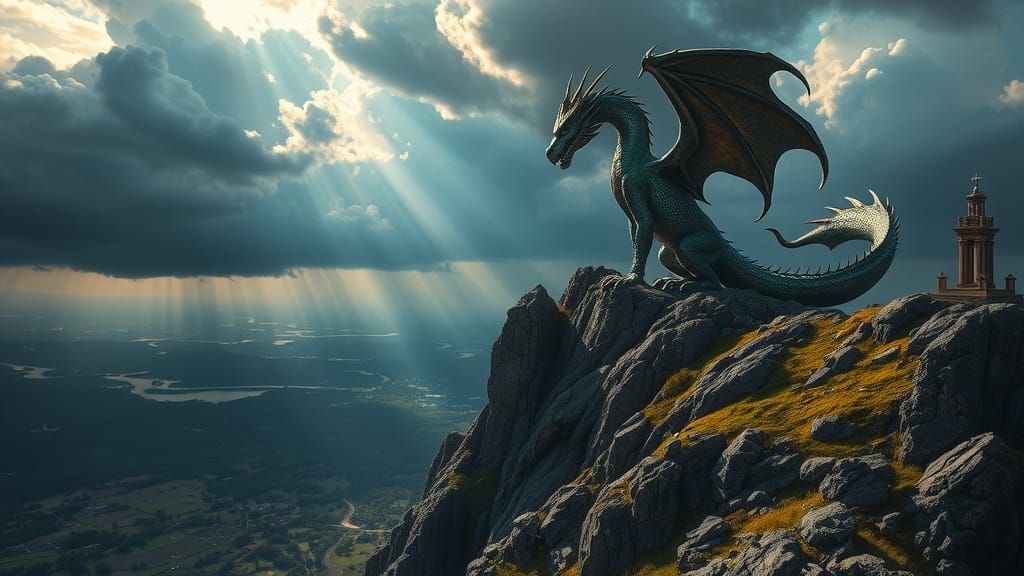 Iridescent Dragon Perched on Jagged Mountain Peak
