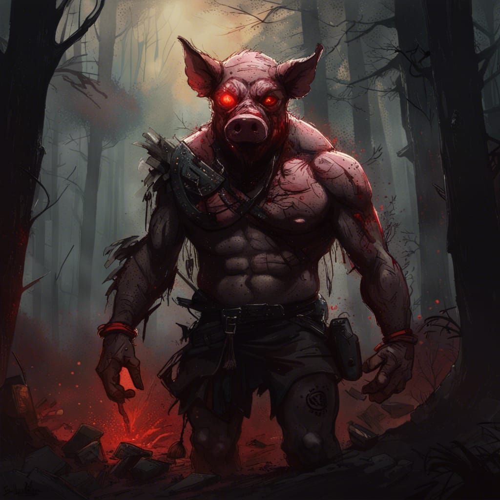 Terrifying Pig-Man in Dark Forest: Hyperdetailed Portrait