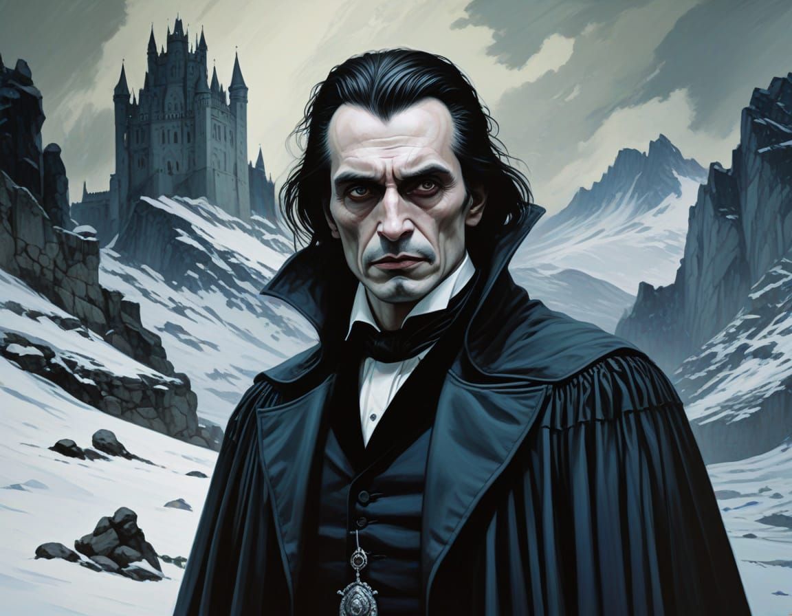 Portrait of a Haunting Dracula in a Castle of Icy Mountains