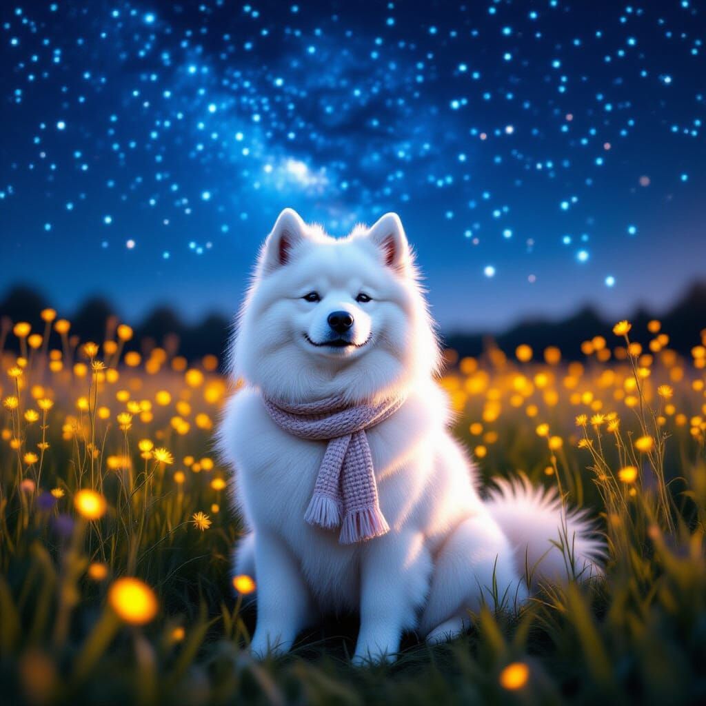 Fluffy Samoyed Dog in Starry Field with Glowing Flowers