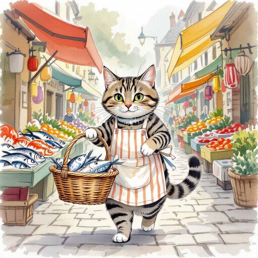 Striped Cat Selling Fish in Marketplace, Whimsical Illustrat...