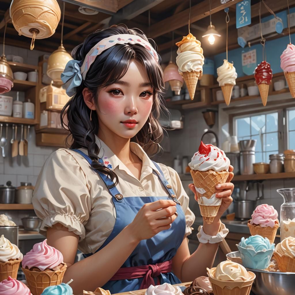 Korean Girl Making Ice Cream, Hyperdetailed Portrait