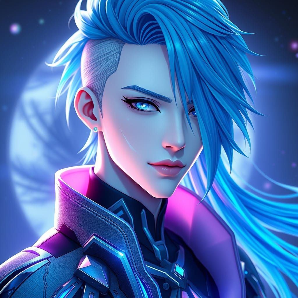 Ethereal Cyberpunk Warrior with Vibrant Blue Hair and Irides...