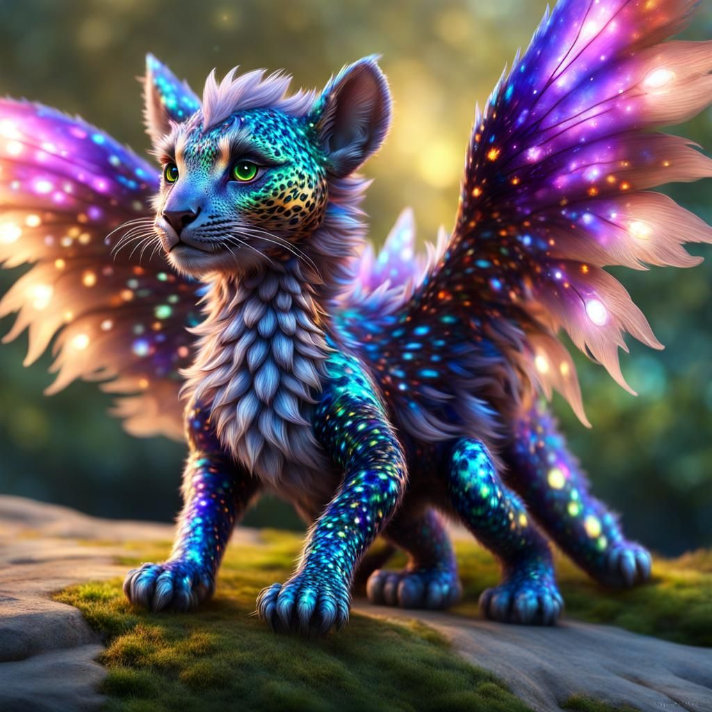 Winged Dragon Leopard with Holographic Fur in CGI Style