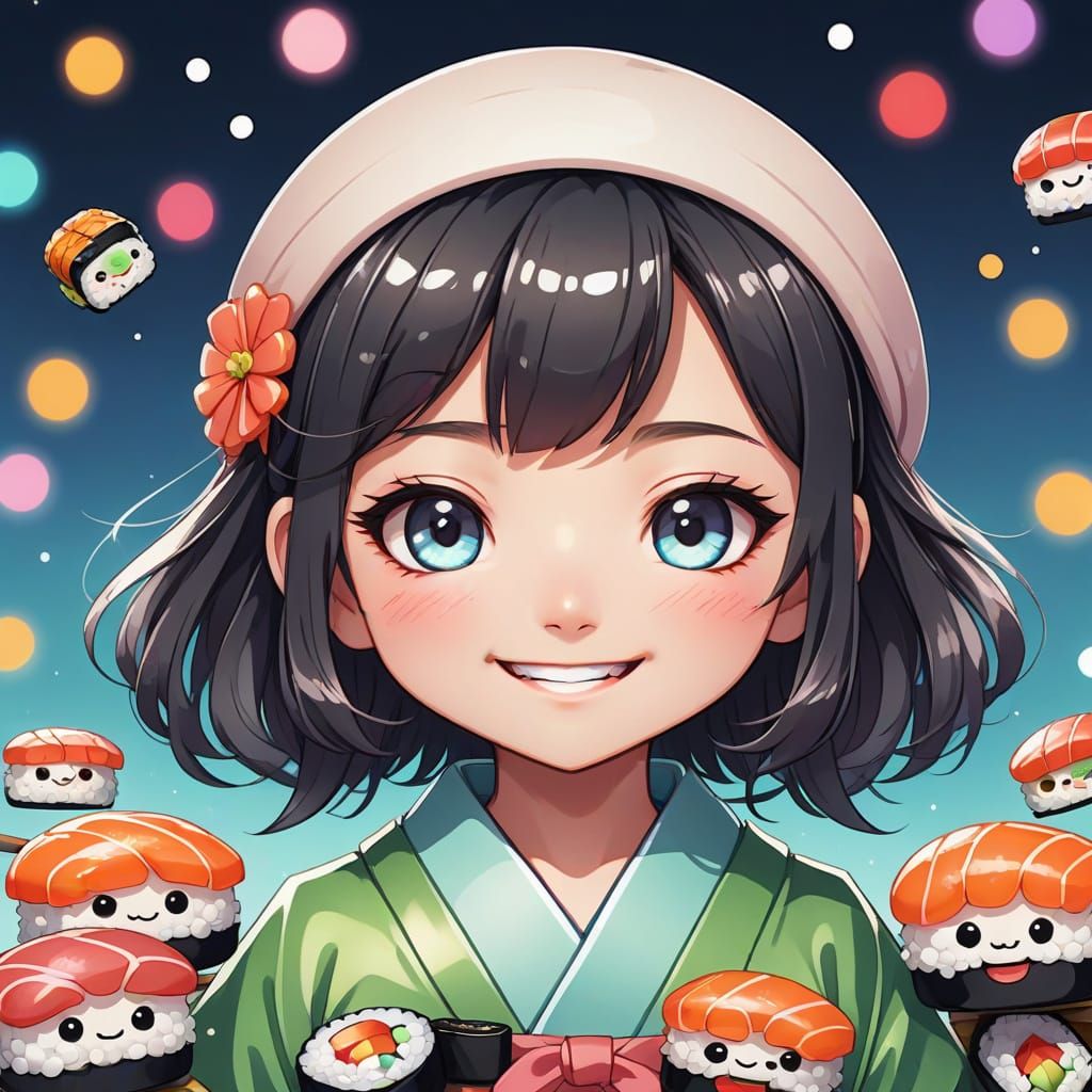 Cute Chibi Sushi Character in Vectorized Anime Style