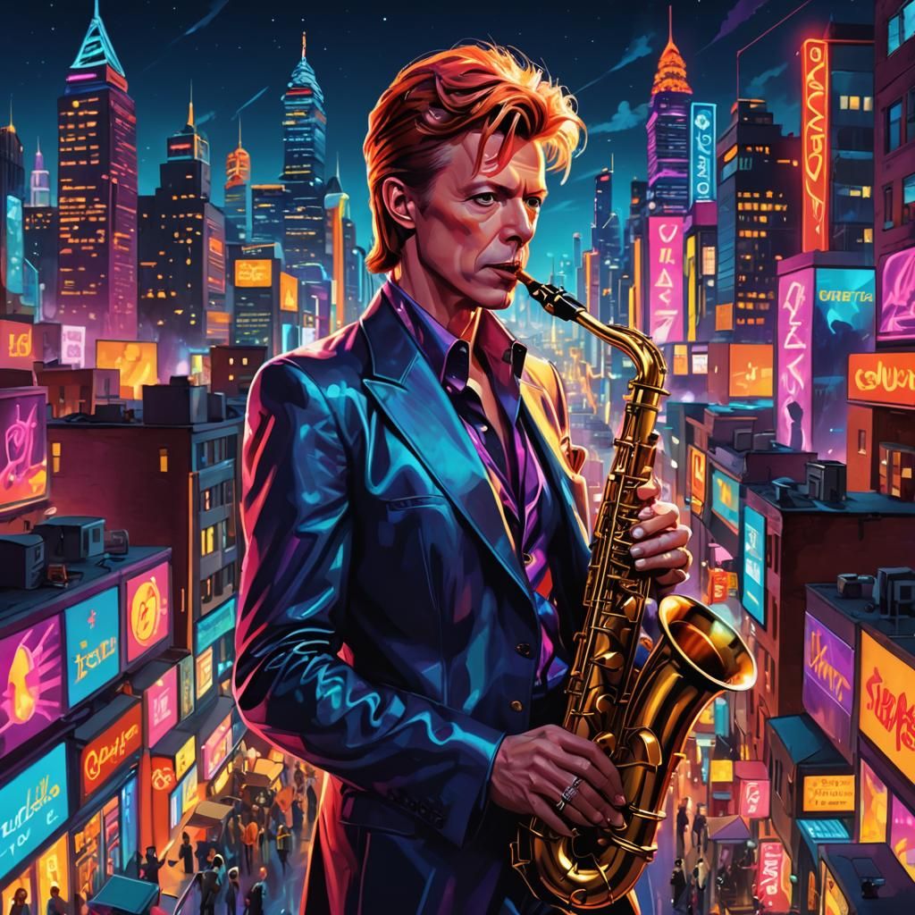 Cyberpunk Saxophonist in Neon Cityscape Illustration