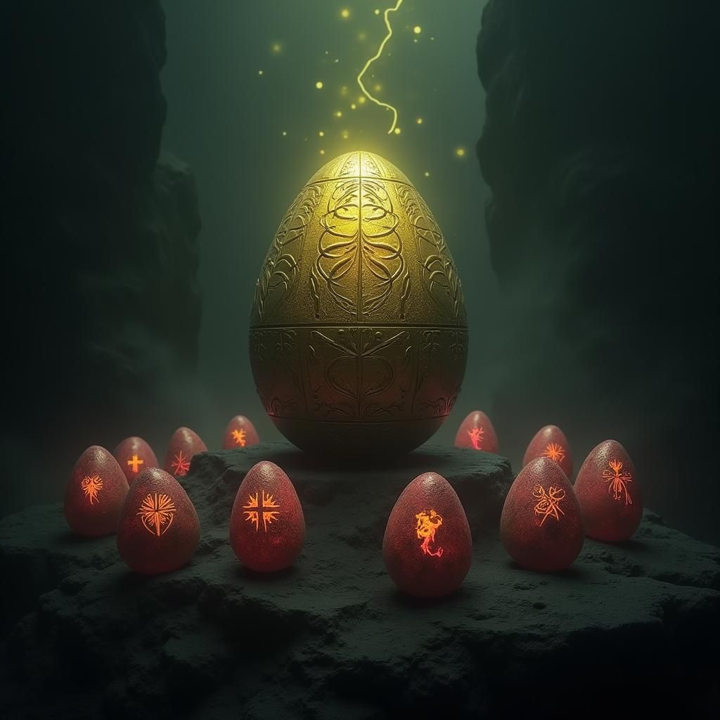 Mysterious Egg Surrounded by Ominous Glowing Stones
