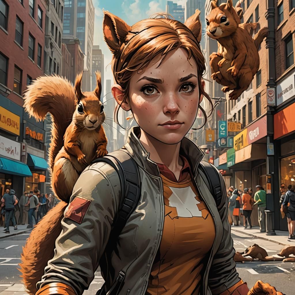 Squirrel Girl Heroic Splash Art in Cityscape