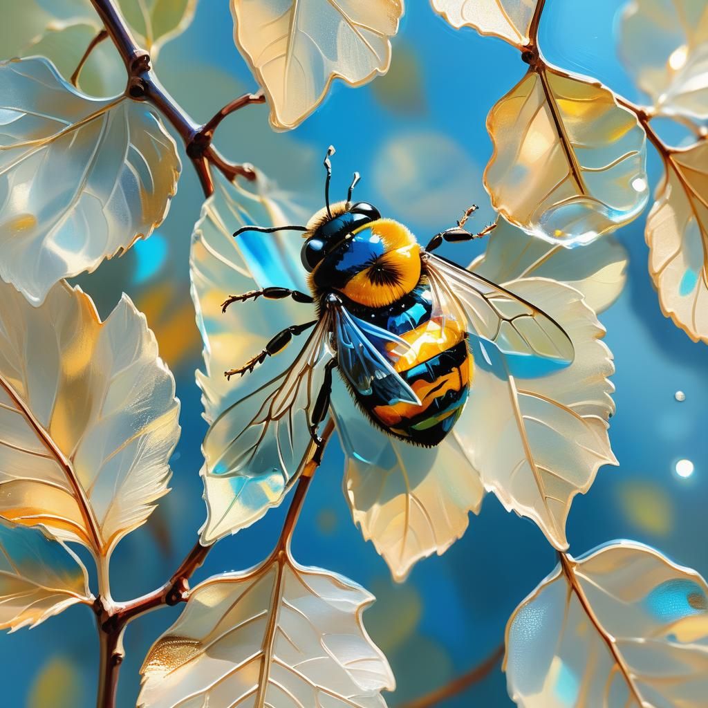 Crystal Bumblebee on Glass Leaf in Oil Painting