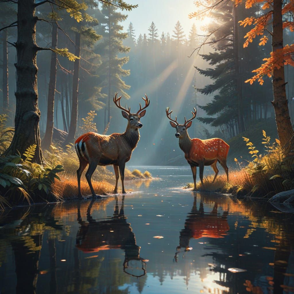 Deer Amidst Sunrise Serenity, Crystal Lake Reflections