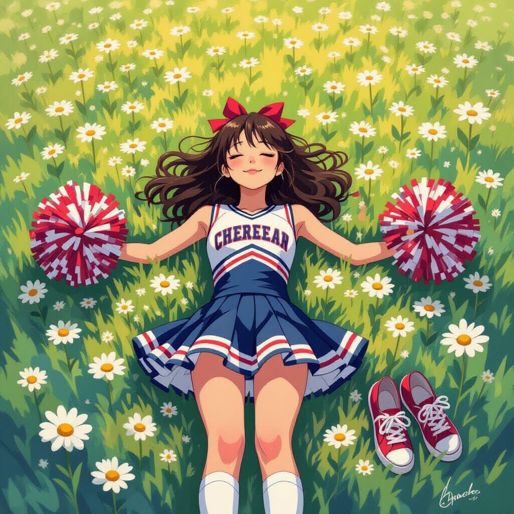 Cheerleader Taking a Break in Daisy Field: Whimsical Art