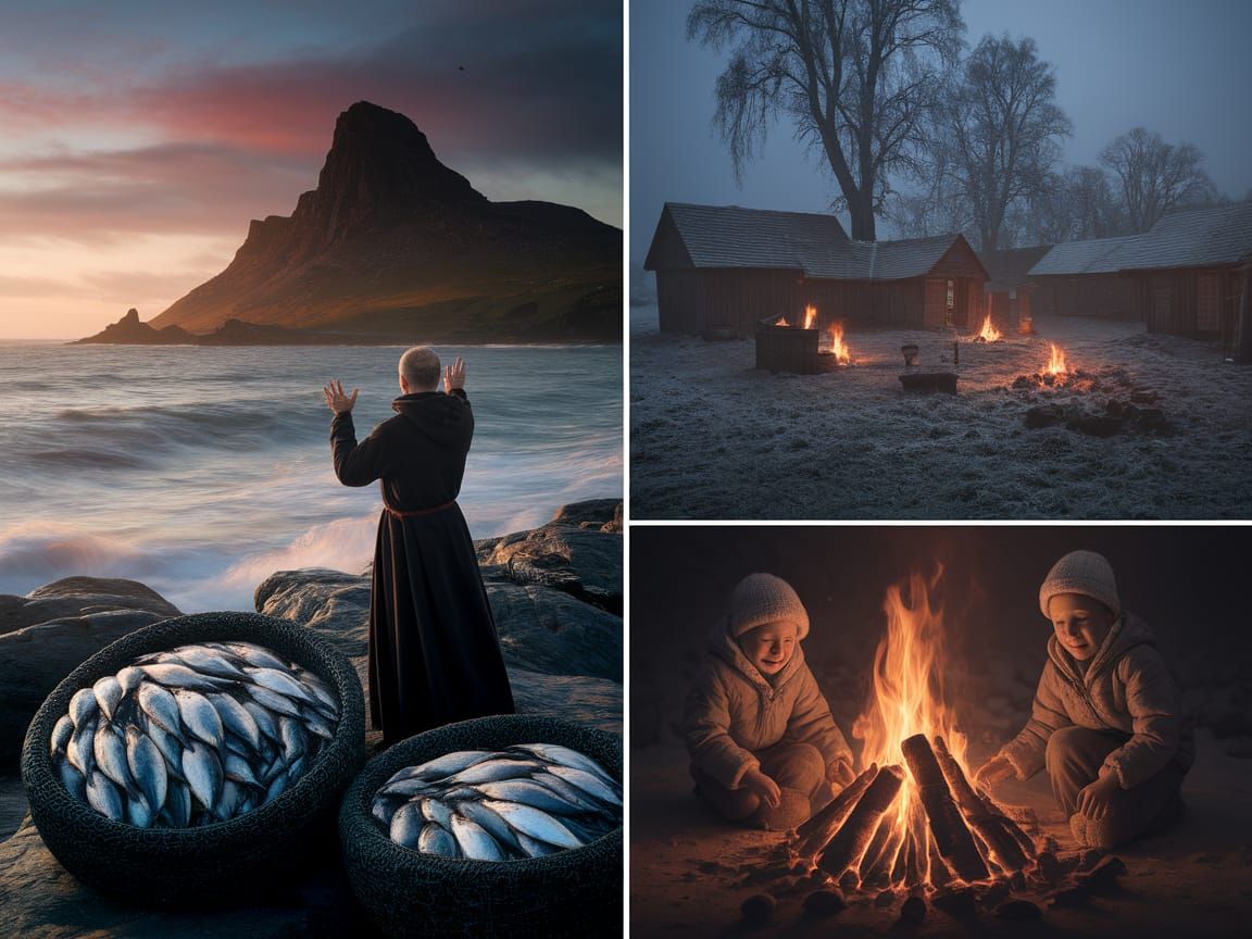 Medieval Monk Calms Stormy Sea in Iona Landscape