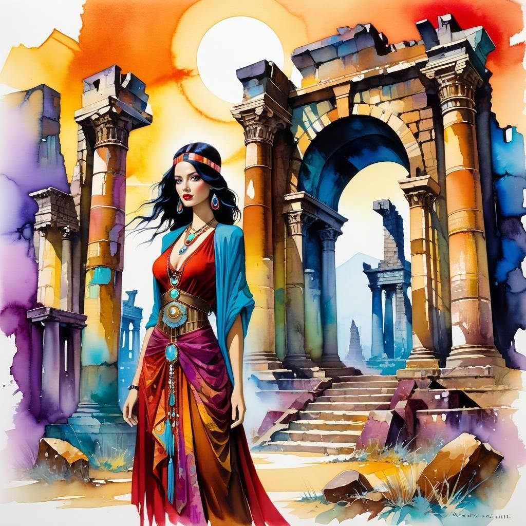 Mysterious Bohemian Traveler in Dystopian Ruins