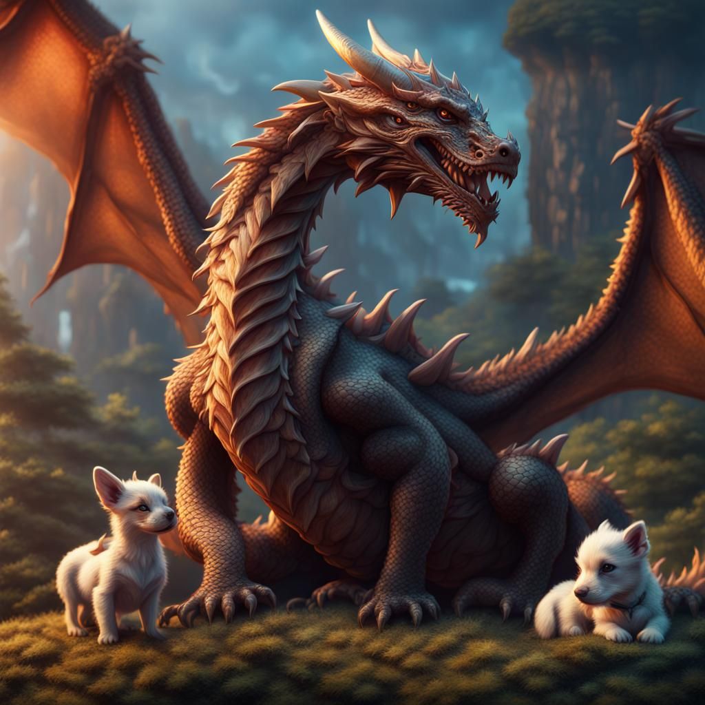 Dragon with Puppies: Detailed Matte Painting