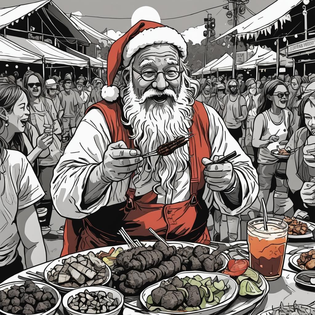Santa Claus Eats Kebab in Ink Illustration Style