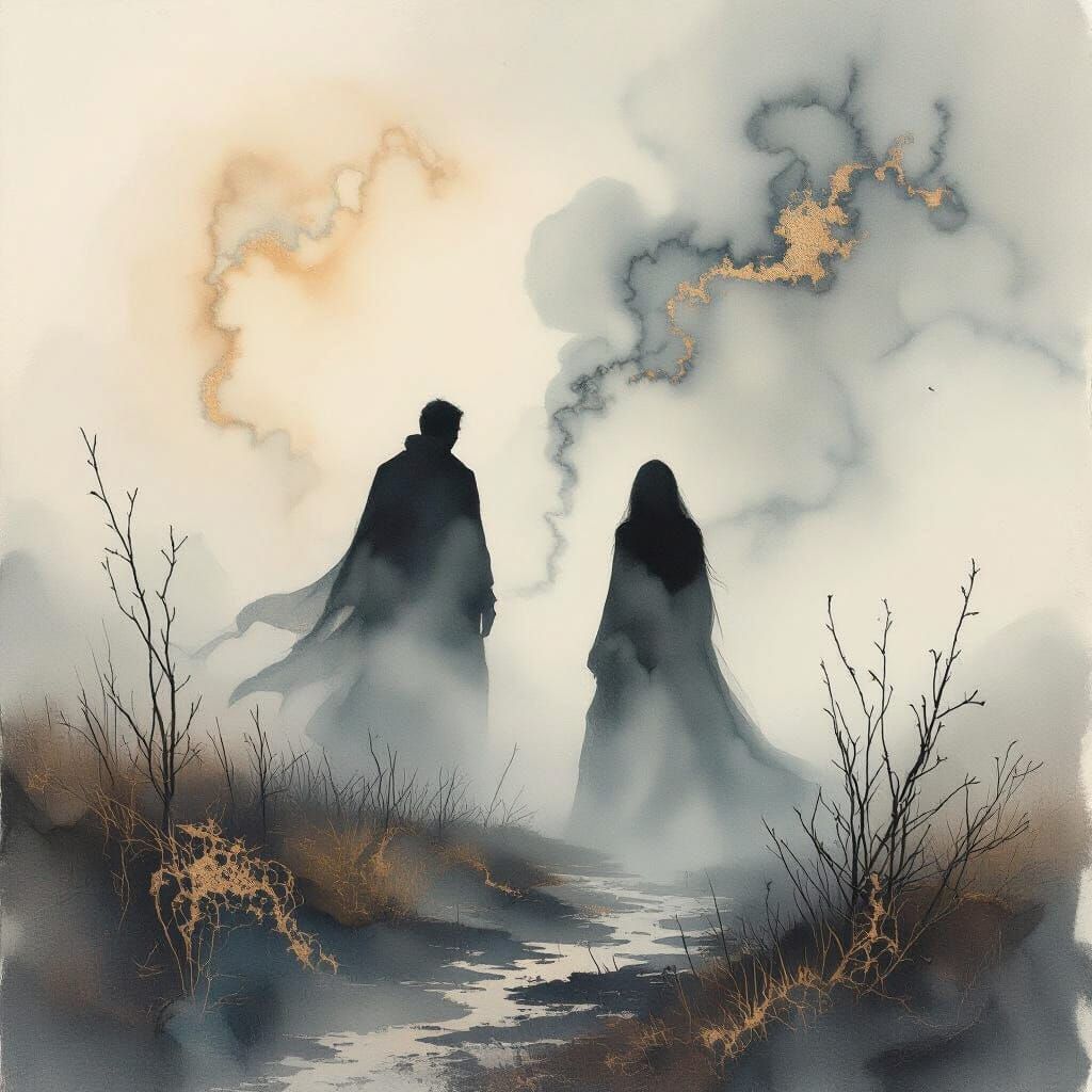 Figures in Misty Landscape with Alcohol Ink Textures