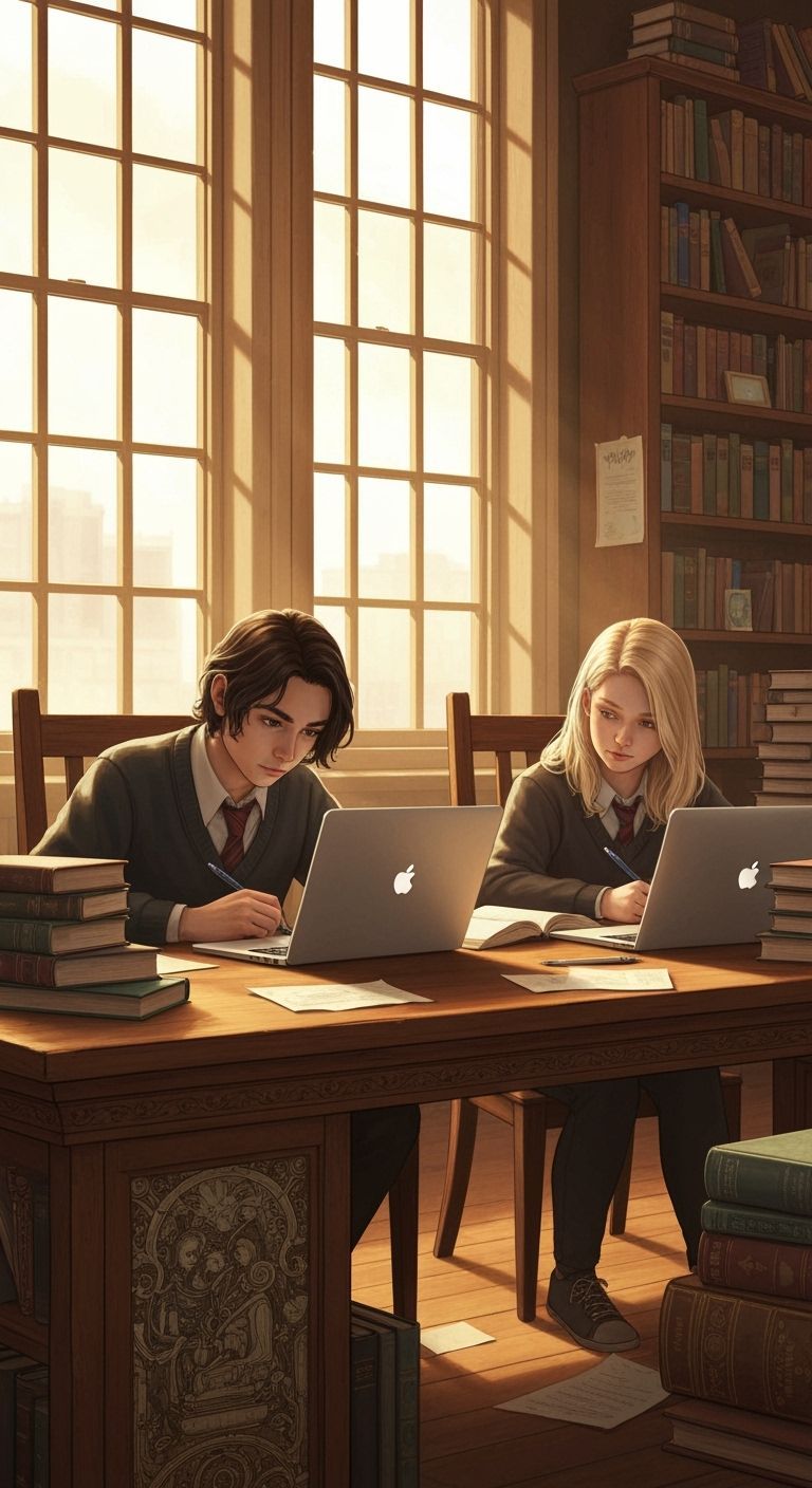 Students Study Together in Cozy Library, Detailed Illustrati...