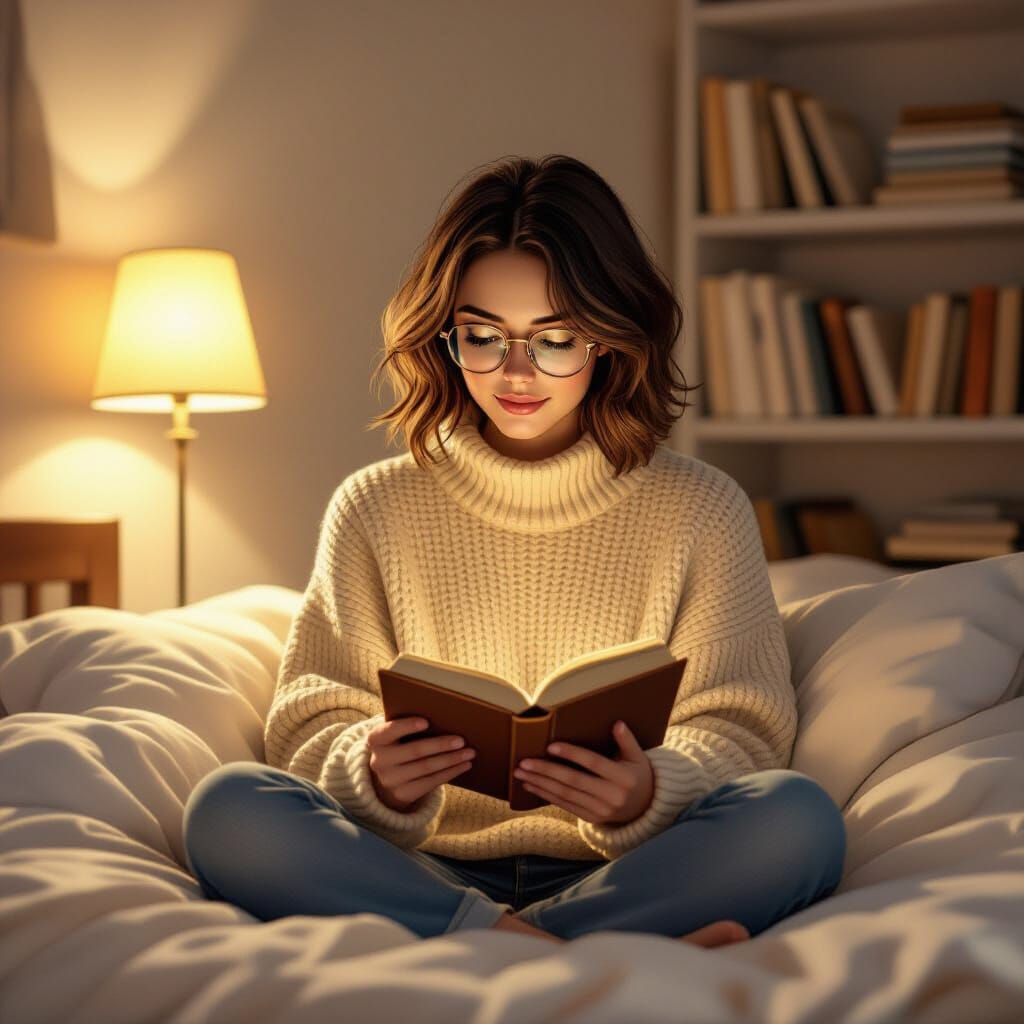 Woman Reading on Bed in Soft Light