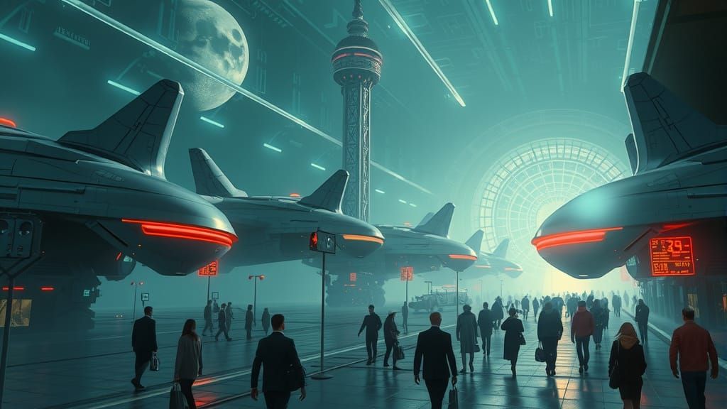 Futuristic Airport with Alien Travelers in Cyberpunk Style