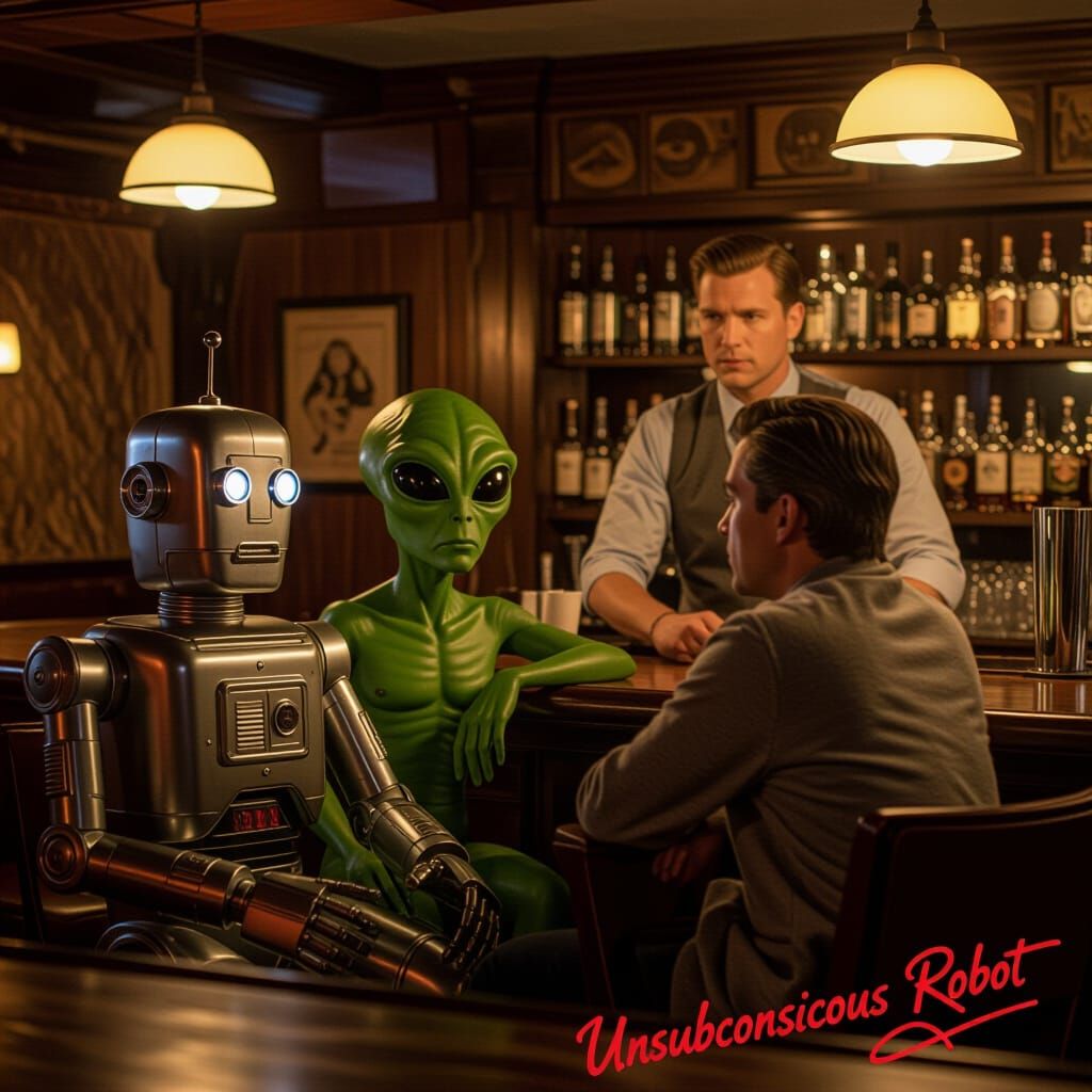 Sci-Fi Bar Scene: Robot, Alien, Human Meet Bartender