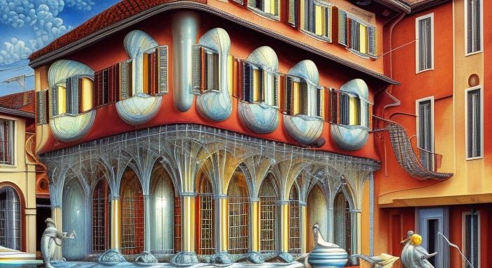 Escher-Style Murano Crystal Shop in Hyperreal Detail