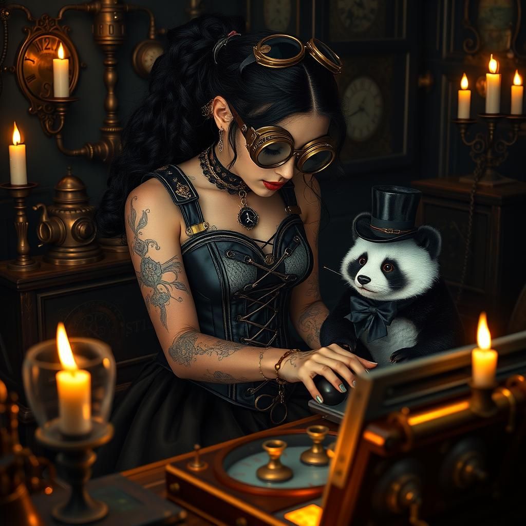 A gothic steampunk witch playing video games