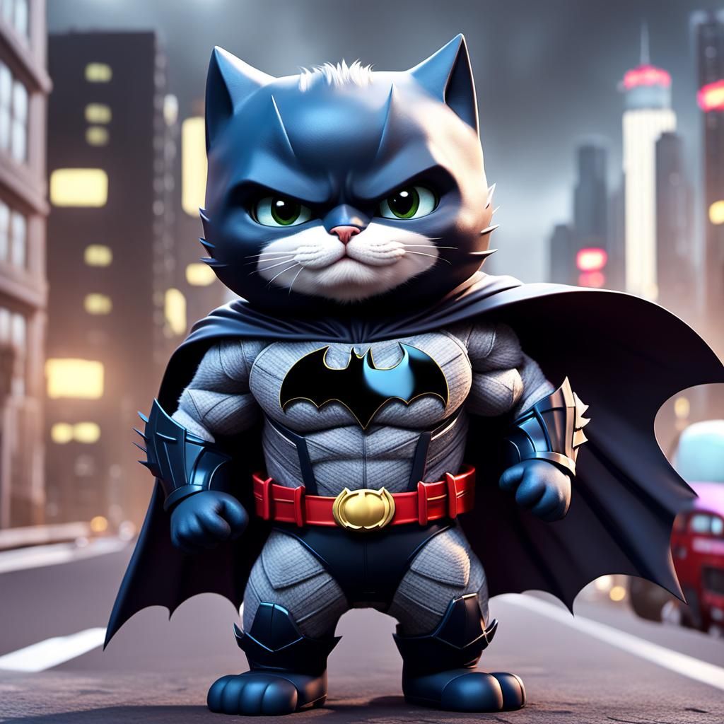 Cartoon Cat as Batman in Urban Cityscape