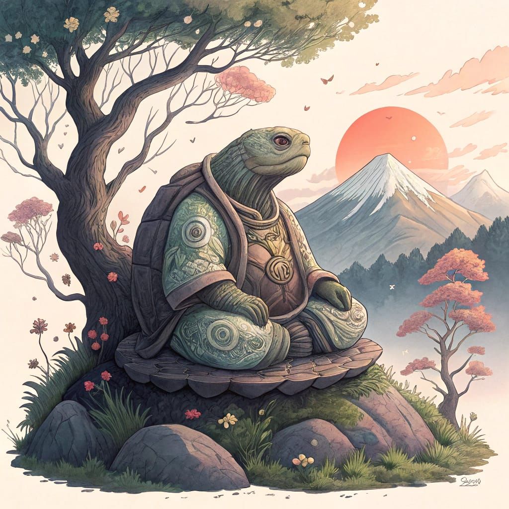 Meditative Turtle on Mountaintop in Japanese Style