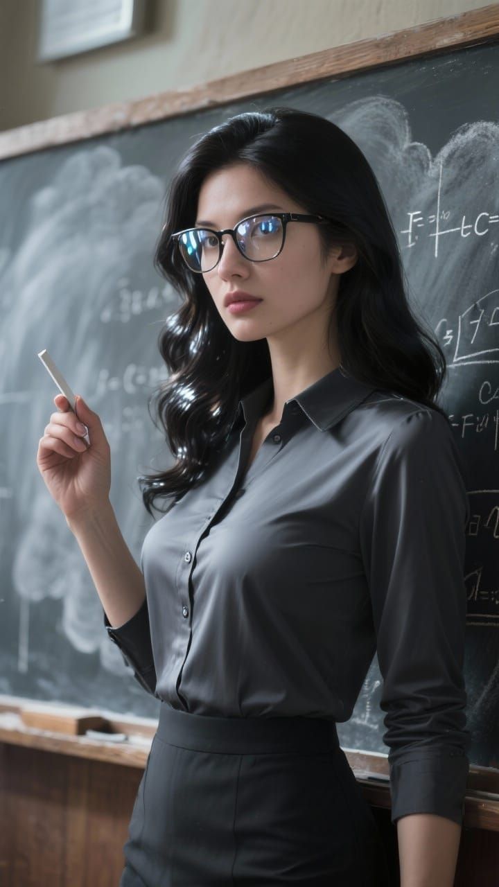 Confident Teacher at Chalkboard in Hyperreal Style